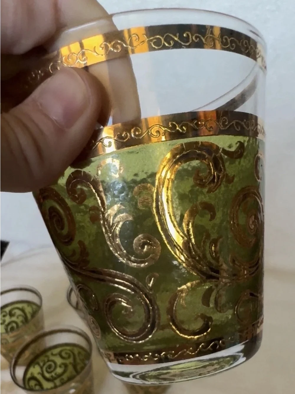 Vintage Culver Toledo 22K Gold Green Rocks Glasses Set of 6 MCM Barware